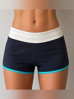 lululemon athletica Navy Athletic Shorts with White Waistband and Teal Trim